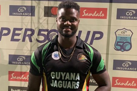 Romario Shepherd displays his Man-of-the-Match award after Guyana Jaguars’ opening Super50 match against the Barbados Pride.
