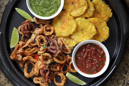 You have to show love to yourself too - Fried Squid and twice-fried Green Plantains (Tostones); two of my favourites. (Photo by Cynthia Nelson)