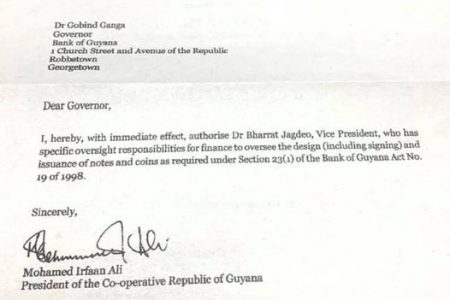 The Order signed by President Irfaan Ali which grants Vice President Bharrat Jagdeo the responsibility for designing and issuing Bank Notes. 