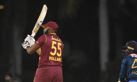 West Indies captain Kieron Pollard strikes one of his six sixes in the over off Akila Dananjaya in Wednesday’s opening T20 International.

