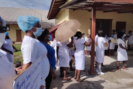 The nurses of the Linden Hospital Complex standing with placards as they protest for the removal of the facility’s CEO, Rudolph Small. (Kwakwani Park Facebook Photo)