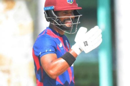 Shai Hope shares a laugh during a net session ahead of the second ODI today