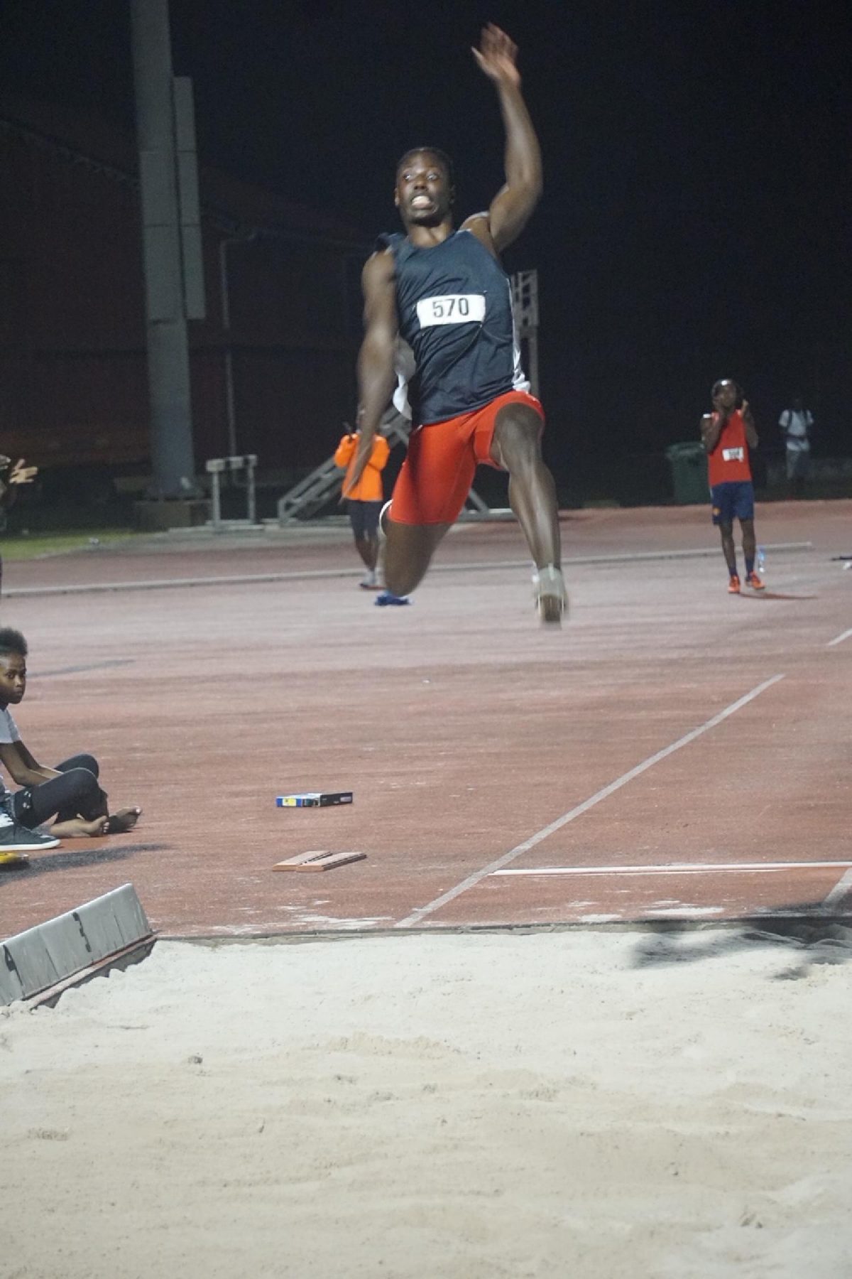 Long Jump National record holder, Emanuel Archibald disturbed the sand with a best jump of 8.07m yesterday. His aim to surpass the entry standard of 8.22m to earn his spot in Japan before the qualifying window closes on June 21. (Emmerson Campbell photo)