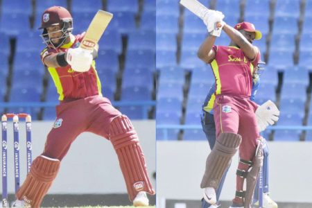 Shai Hope (right) and Evin Lewis featured in a record opening stand in yesterday’s opening ODI. (Photos courtesy CWI Media) 
