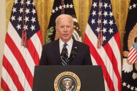 U.S. President Joe Biden speaks to reporters as he holds his first formal news conference in the East Room of the White House in Washington, U.S., March 25, 2021. REUTERS/Leah Millis