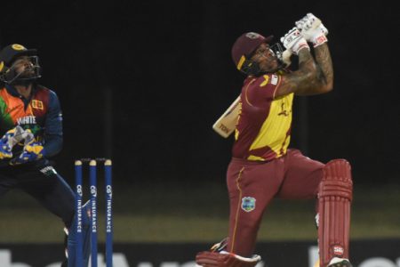All-rounder Fabian Allen goes on the attack during his six-ball 21 in the third T20 International against Sri Lanka here last  night. (Photo courtesy CWI Media/Philip Spooner) 
