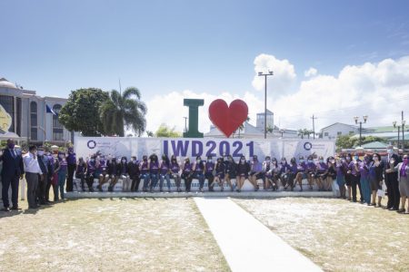 The Guyana Bank for Trade and Industry (GBTI), Impressions and the High Commission of Canada to Guyana held a ceremony yesterday at the I Love Guyana Monument, Kingston to commemorate International Women’s Day. (GBTI photo)