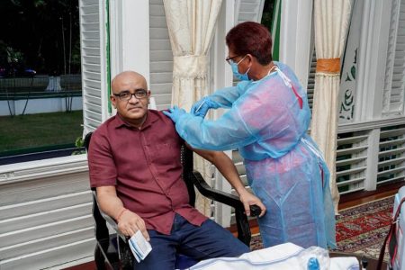 Vice President Bharrat Jagdeo was vaccinated for COVID-19 on Thursday. (Ministry of Health photo)