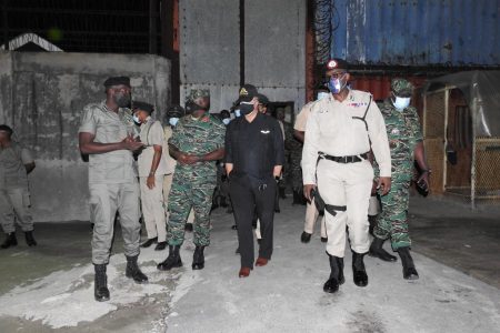 Fact-finding visit to prisons: A Joint Services team comprising Director of Prisons (ag.) Nicklon Elliott, GDF Chief of Staff Brigadier Godfrey Bess, Commissioner of Police (ag.) Nigel Hoppie, Lt. Colonel Carmichael, Head G3 Branch, GDF and the National Security Advisor, Captain Gerald Gouveia is seen here on Friday during a fact-finding visit to the Lusignan and Timehri prisons.  (Guyana Police Force Photo)