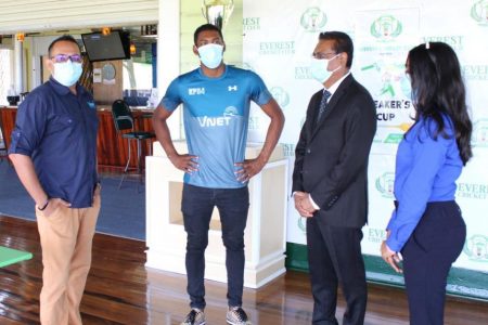  From left: Everest’s Assistant Treasure Safraz Sheriffudeen, national cricketer Keemo Paul, Everest President Manzoor Nadir and Everest Club Manager Krista Norton on Tuesday at the club.
