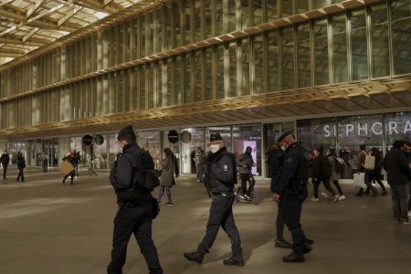 Police officers patrol in the Chatelet area in Paris (AP/Thibault Camus)
