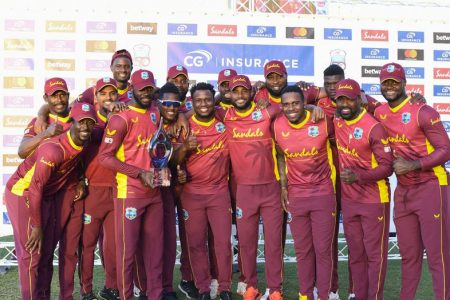 The West Indies team basks in the euphoria of their 3-0 series victory over Sri Lanka Sunday. 