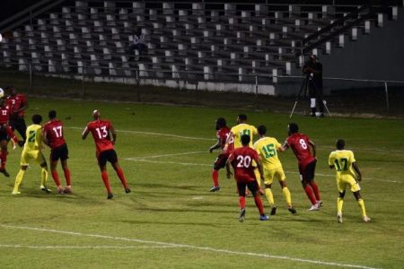 Action in the match between the Golden Jaguars and Trinidad and Tobago last Thursday.