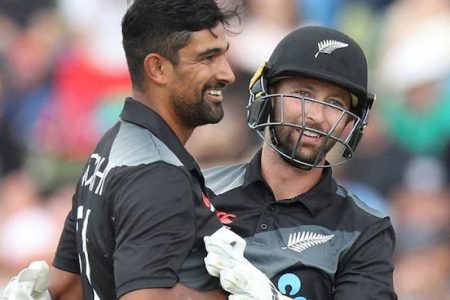 Ish Sodhi, left, and Devon Conway were the stars for New Zealand yesterday.