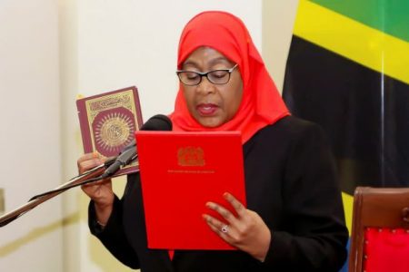 Tanzania's new President Samia Suluhu Hassan takes oath of office following the death of her predecessor John Pombe Magufuli at State House in Dar es Salaam