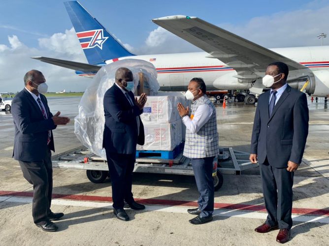 Prime Minister Mark Phillips (second from left) and Indian High Commissioner to Guyana Dr. K.J. Srinivasa (second from right) greeting each other today at the airport. Also in this Indian High Commission photo are Minister of Health Dr Frank Anthony (left) and Minister of Foreign Affairs Hugh Todd.