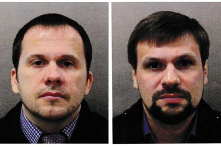 Two men using the aliases Alexander Petrov and Ruslan Boshirov, formally accused in Britain of attempting to murder former Russian intelligence officer Sergei Skripal and his daughter Yulia in 2018, are seen in an image handed out by the Metropolitan Police in London, Britain, September 5, 2018. (Metropolitan Police handout via REUTERS.)
