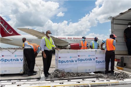 Minister of Health Dr Frank Anthony on hand for the arrival of the first batch of the Sputnik V vaccine on Friday at the CJIA, Timehri (Department of Public Information photo)