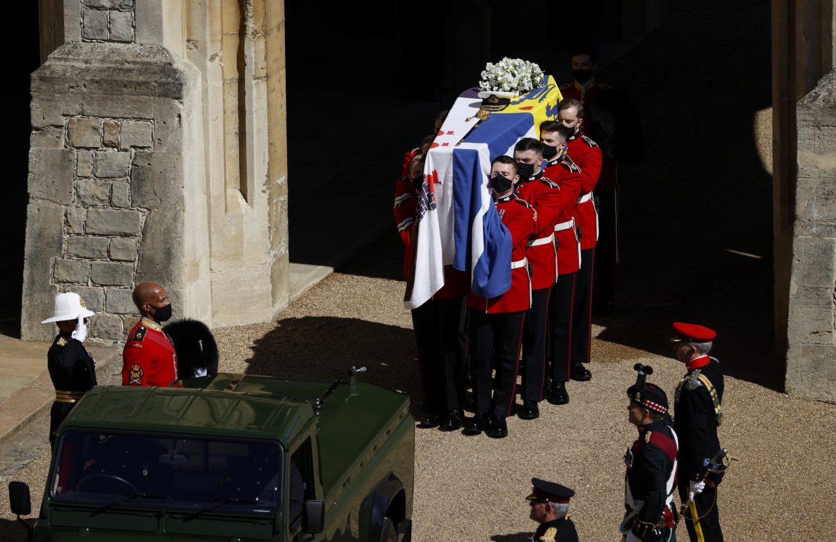 The coffin of Prince Philip, husband of Queen Elizabeth, who died at the age of 99, is carried during his funeral, on the grounds of Windsor Castle. (Adrian Dennis/Pool via REUTERS)
The coffin of Prince Philip, husband of Queen Elizabeth, who died at the age of 99, is carried during his funeral, on the grounds of Windsor Castle. (Adrian Dennis/Pool via REUTERS)