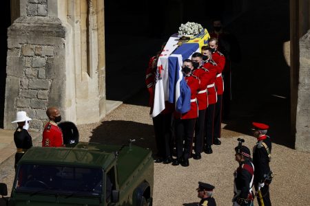 The coffin of Prince Philip, husband of Queen Elizabeth, who died at the age of 99, is carried during his funeral, on the grounds of Windsor Castle. (Adrian Dennis/Pool via REUTERS)
The coffin of Prince Philip, husband of Queen Elizabeth, who died at the age of 99, is carried during his funeral, on the grounds of Windsor Castle. (Adrian Dennis/Pool via REUTERS)