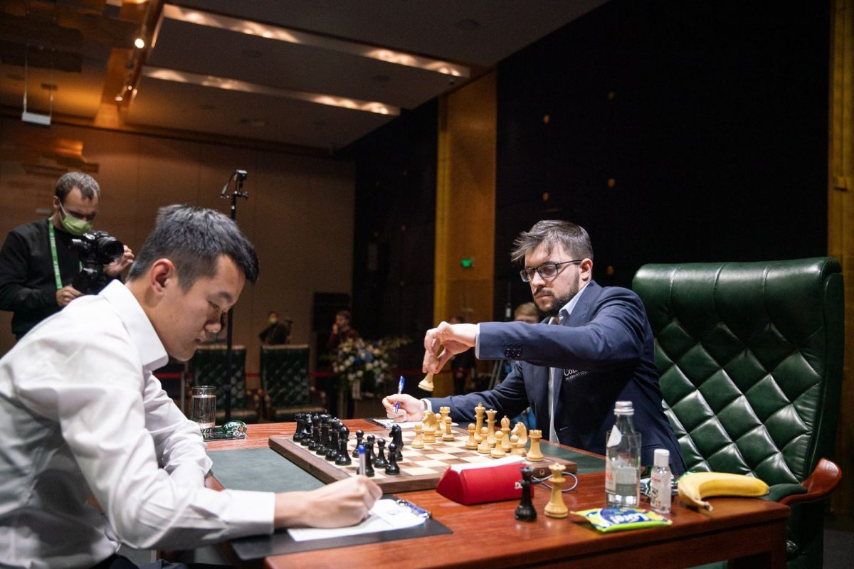 France’s Maxime Vachier-Lagrave (right) and China’s Ding Liren during their encounter at the 2020 Candidates Tournament (Photo: Maria Emelianova/Chess.com)  
