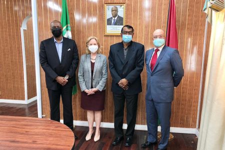 From left are Opposition Leader Joseph Harmon, United States Ambassador Sarah Ann Lynch, Leader of the Alliance For Change Khemraj Ramjattan and the United States Embassy’s Deputy Chief of Mission Mark Cullinane
