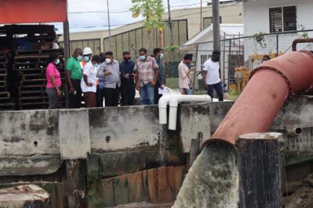 Agriculture Minister Zulfikar Mustapha and other officials during a visit to one of the pump sites on Friday (Ministry of Agriculture photo)