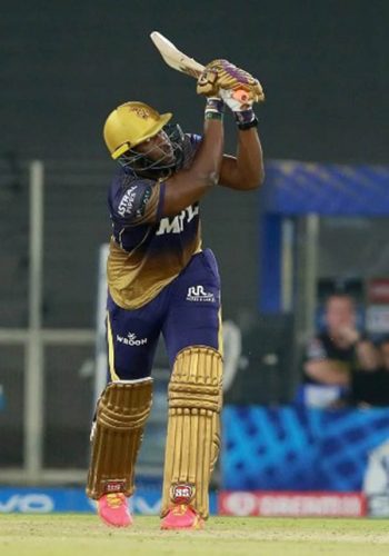 West Indies all-rounder Andre Russell hits out during his unbeaten 45 on Thursday. (Photo courtesy IPL Media) 