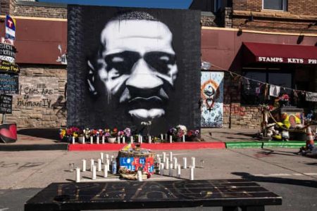 The George Floyd Memorial at the site where he died outside Cup Foods at East 38th Street and Chicago Avenue in Minneapolis. (Photograph: Chris Tuite/ImageSPACE/Rex/Shutterstock www.theguardian.com )