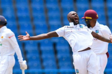 Jermaine Blackwood celebrates the wicket of Dhananjaya de Silva just before lunch on the third day yesterday.
