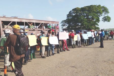 Workers protesting outside the Blairmont Estate yesterday (GAWU photo)