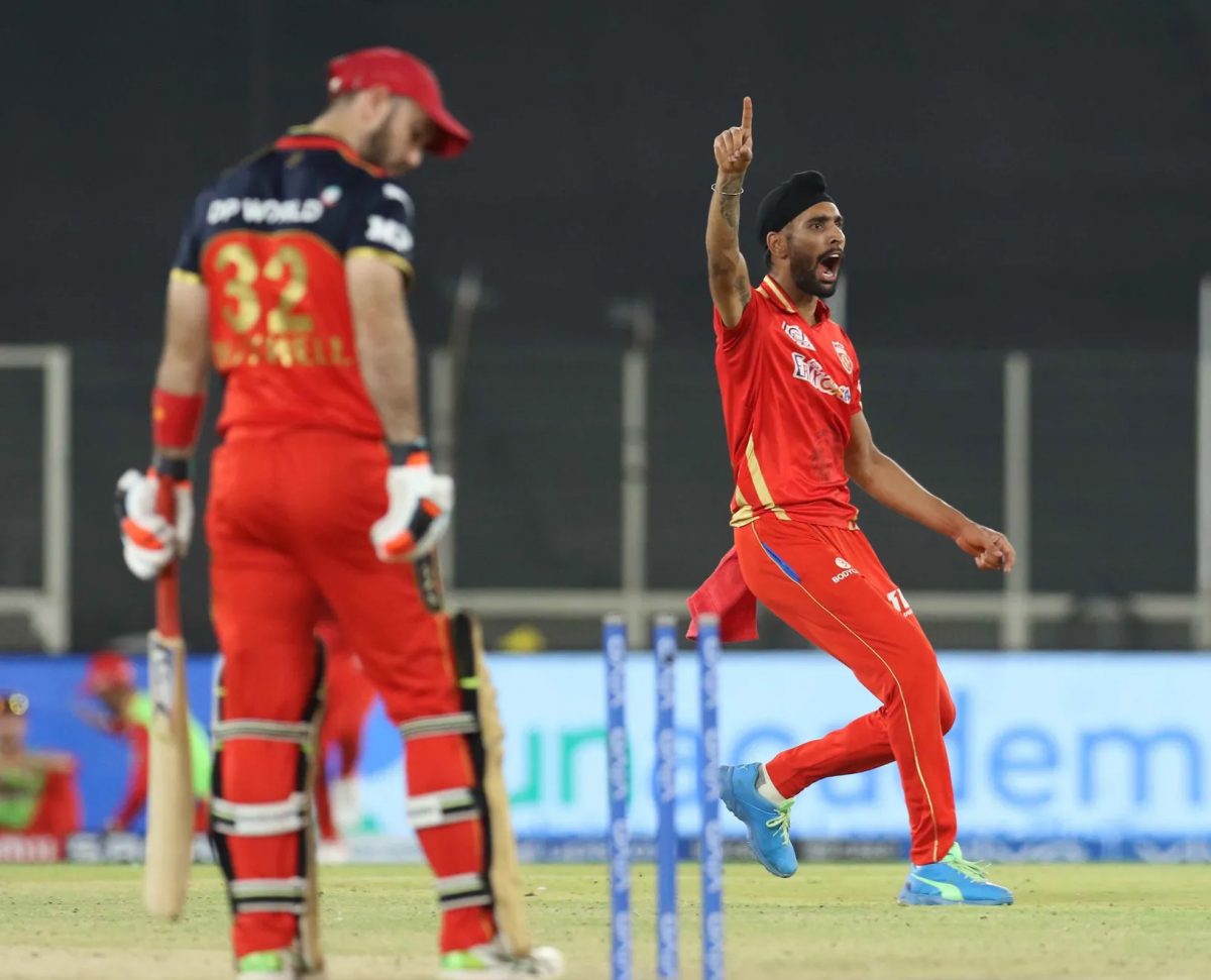 Harpreet Brar of Punjab Kings celebrates the wicket of Glenn Maxwell of Royal Challengers Bangalore yesterday at the Narendra Modi Stadium, Ahmedabad. Photo by: Deepak Malik / Sportzpics for IPL