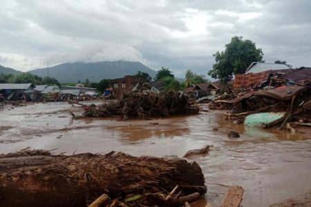 Damaged houses are seen at an area affected by flash floods after heavy rains in East Flores, East Nusa Tenggara province, Indonesia April 4, 2021 in this photo distributed by Antara Foto. Antara Foto/Handout/Dok BPBD Flores Timur/via REUTERS