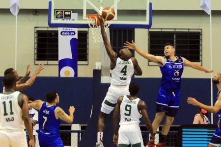 Delroy James (#4) continued his fine showing in this year’s FIBA World Cup pre qualifiers  with a double doube of 29 points and 12 rebounds.