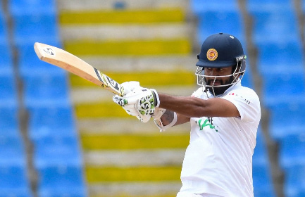Sri Lanka’s captain Dimuth Karunaratne pulls during his top score of 75 on Friday’s final day.