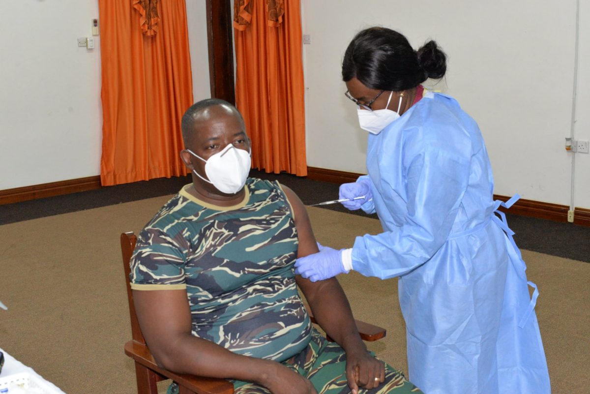 Guyana Defence Force Chief of Staff (ag) Brigadier Godfrey Bess taking his vaccine (GDF photo)