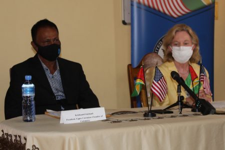From left are President of the Upper Corentyne Chamber of Commerce, Krishnand Jaichand and US Ambassador to Guyana, Sarah-Ann Lynch. 
