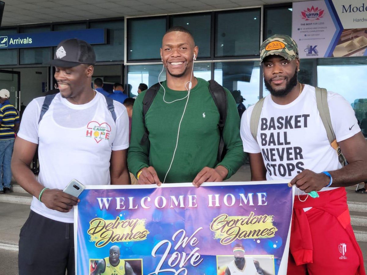 The trio of Gordon James (left), Anthony Moe (center) and Delroy James arriving in Guyana