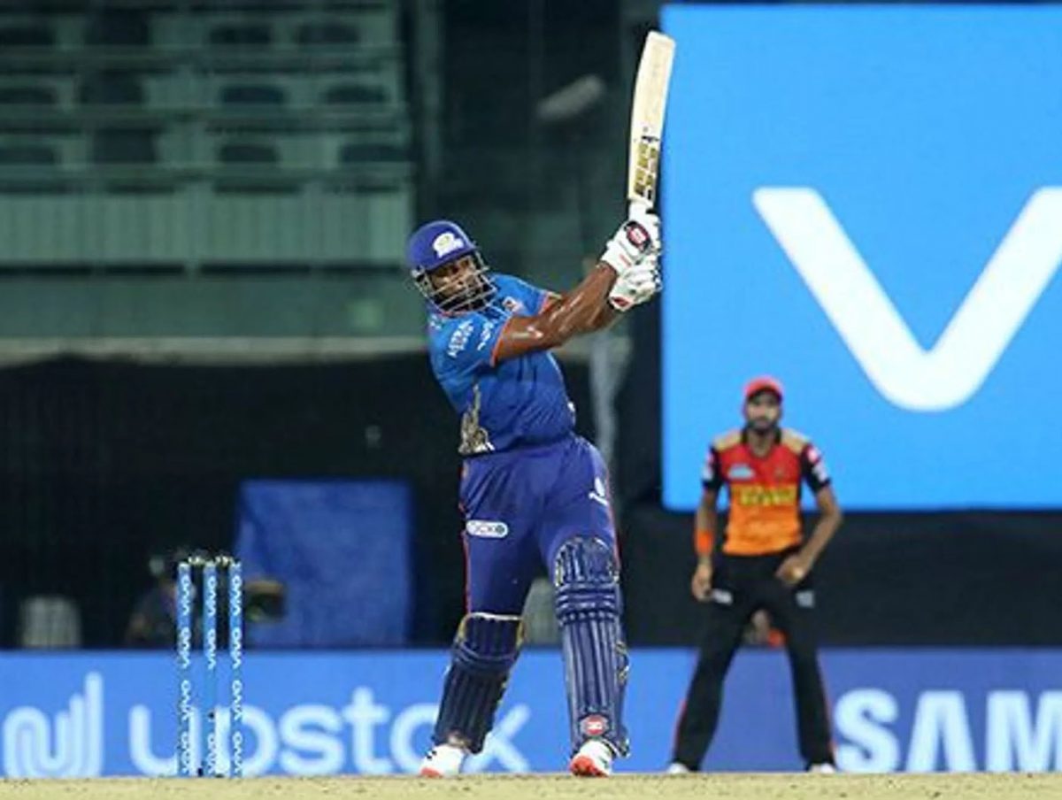Kieron Pollard hits out during his unbeaten 35 in the IPL yesterday