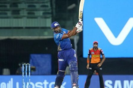 Kieron Pollard hits out during his unbeaten 35 in the IPL yesterday