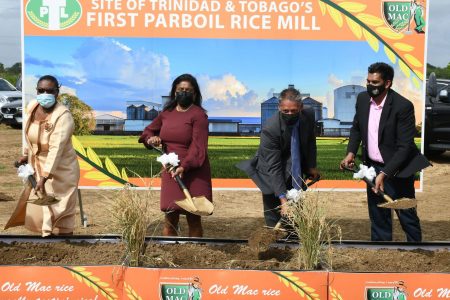 From left: Rice farmers representative Therese Akaloo,  Trade Minister Paula Gopee-Scoon, Agriculture Minister Clarence Rambharat and CEO of TPL Liaquat Ali turning the sod  at Milton, Couva.
