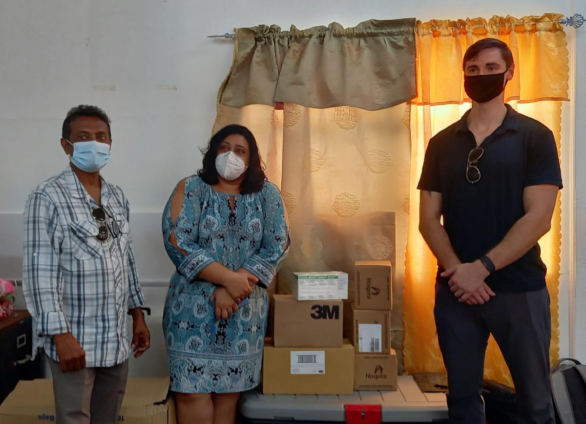 From left are Sharir Chan, Guyana Medical Relief; Regional Health Officer, Dr. Vishalya Sharma and Josh Oppenheim, Programme Coordinator, HAP during the handing over of the medical supplies.  