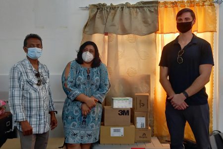 From left are Sharir Chan, Guyana Medical Relief; Regional Health Officer, Dr. Vishalya Sharma and Josh Oppenheim, Programme Coordinator, HAP during the handing over of the medical supplies.  