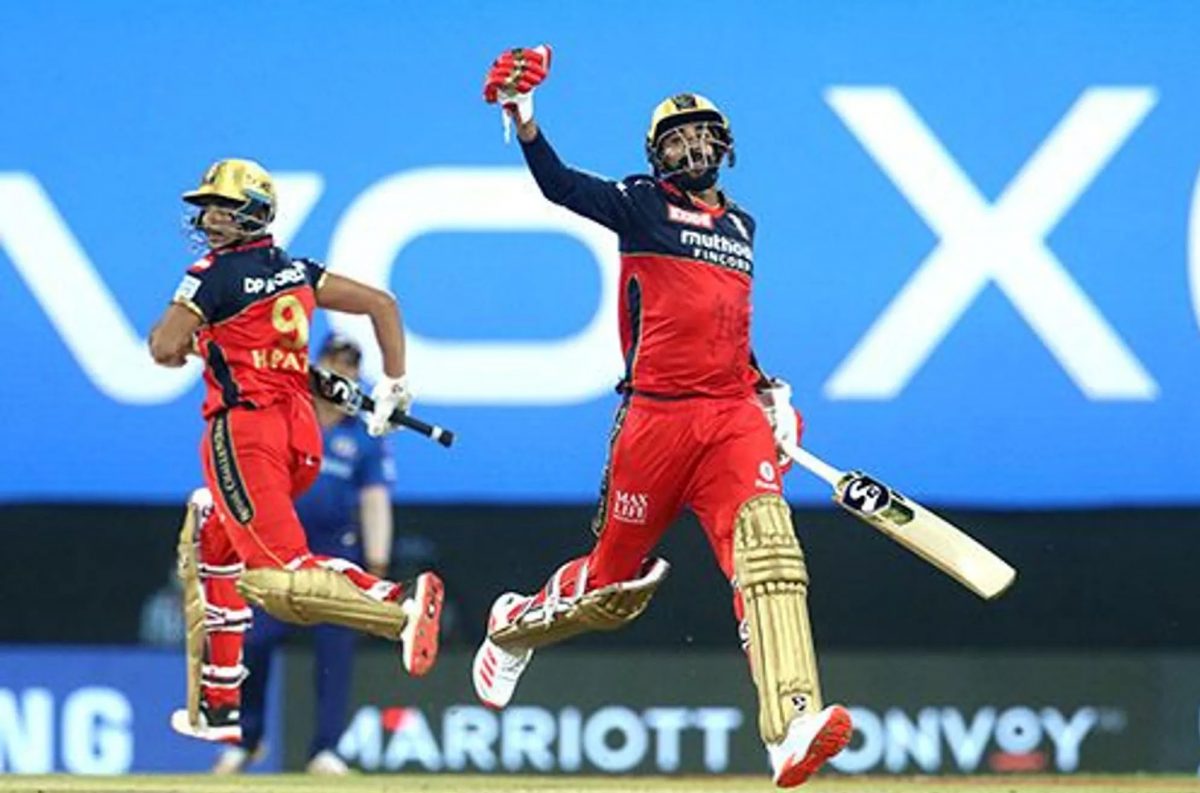 Mohammed Siraj of Royal Challengers Bangalore and Harshal Patel of Royal Challengers Bangalore celebrate after winning  match 1 of the Vivo Indian Premier League 2021 between Mumbai Indians and the Royal Challengers Bangalore held at the M. A. Chidambaram Stadium, Chennai yesterday. Photo by Vipin Pawar / Sportzpics for IPL