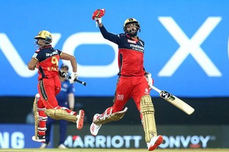 Mohammed Siraj of Royal Challengers Bangalore and Harshal Patel of Royal Challengers Bangalore celebrate after winning  match 1 of the Vivo Indian Premier League 2021 between Mumbai Indians and the Royal Challengers Bangalore held at the M. A. Chidambaram Stadium, Chennai yesterday. Photo by Vipin Pawar / Sportzpics for IPL