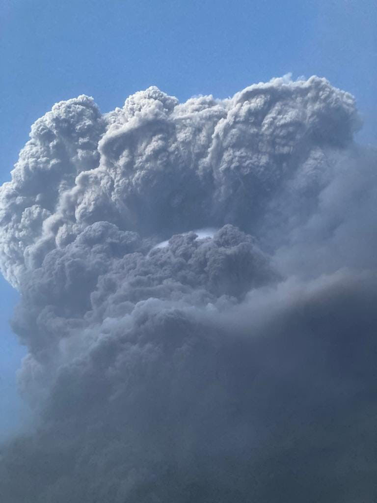 The third explosive eruption of St. Vincent’s La Soufrière volcano, which began around 6.35 pm yesterday. (UWI Seismic Research Centre photo)