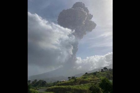 An explosive eruption at La Soufriere volcano. (GP)