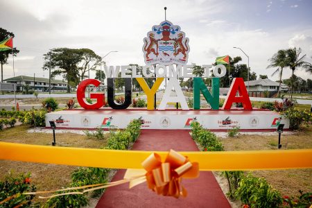 Welcome at the roundabout: The Welcome to Guyana sign commissioned at the roundabout at Timehri yesterday. The sign was done as part of First Lady Arya Ali’s national beautification project. (Office of the President photo)
