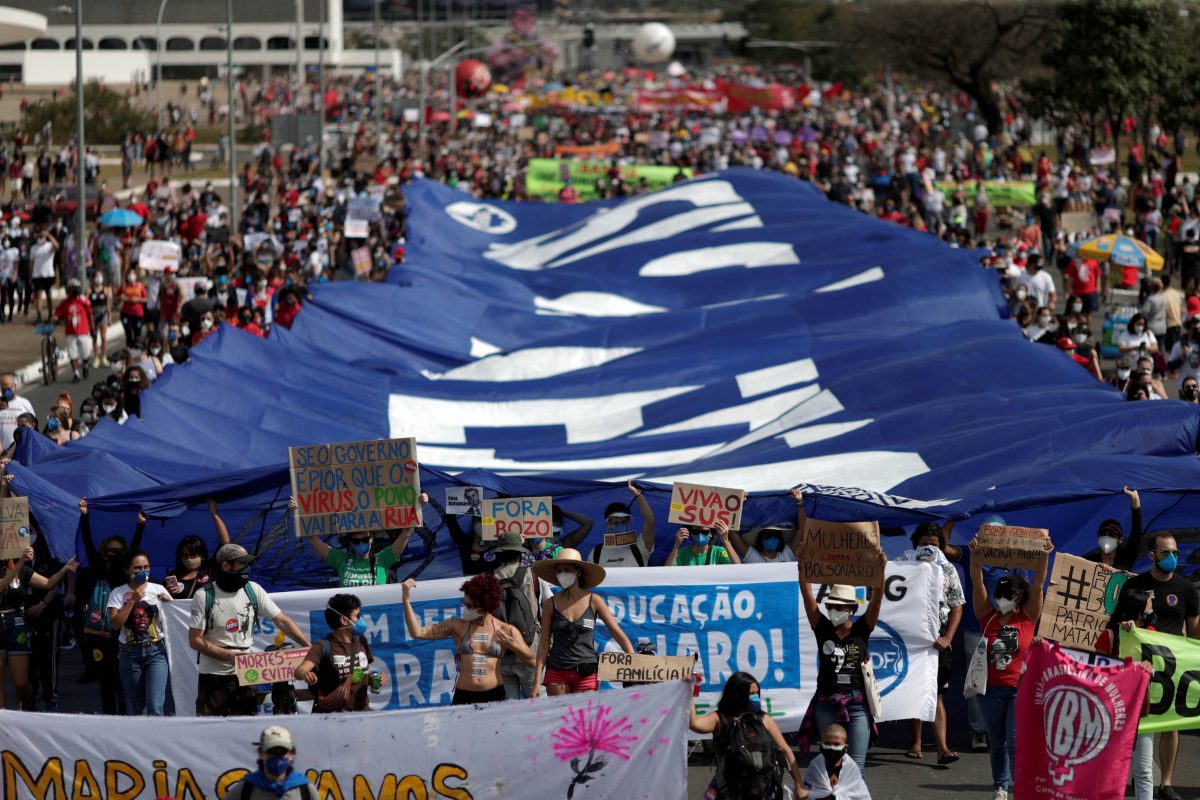 Demonstrators take part in a protest against Brazil’s President Jair Bolsonaro in Brasilia, Brazil, May 29, 2021. REUTERS/Ueslei Marcelino