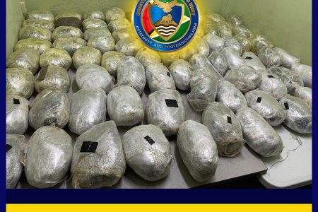 Bags of suspected cannabis seized by the Customs Anti-Narcotic Unit at Number 68 Village, Corentyne. 